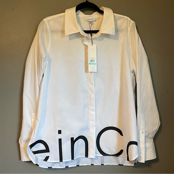 NWT Calvin Klein Sz Lrg Women’s Logo Trim Long Sleeve Cotton Button-down Top $89 - Picture 4 of 12